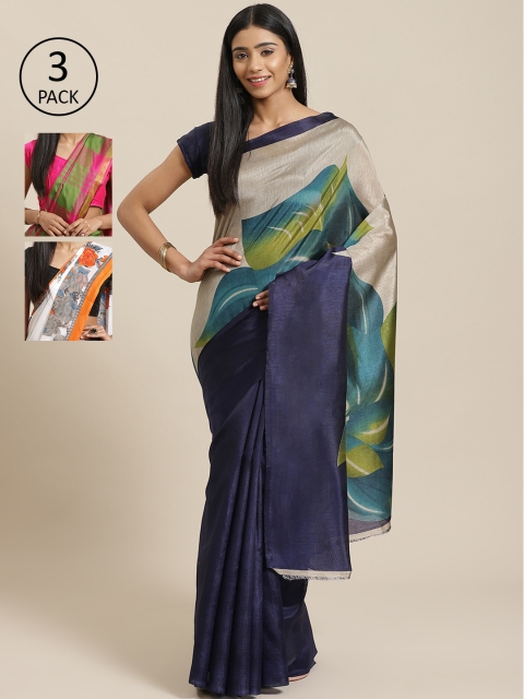 

KALINI Pack of 3 Sarees, Navy blue