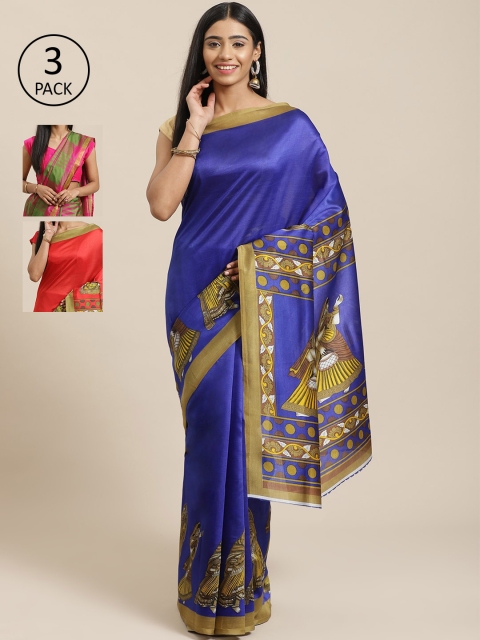 

KALANI Pack of 3 Printed sarees, Blue