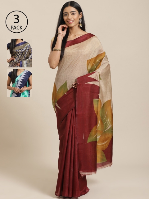 

KALANI Pack of 3 Printed sarees, Beige