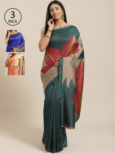 

KALANI Pack of 3 Printed sarees, Teal