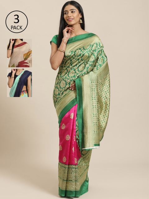 

KALANI Pack of 3 Printed sarees, Green