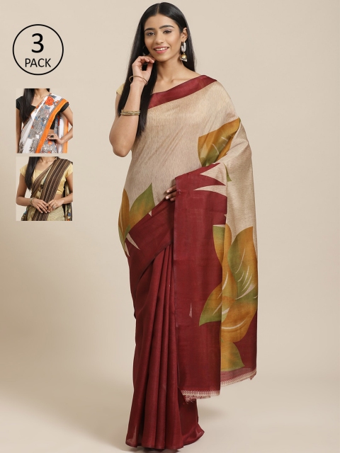 

KALANI Pack of 3 Printed sarees, Beige