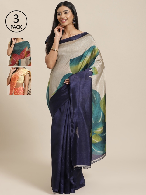 

KALANI Pack of 3 Printed sarees, Navy blue