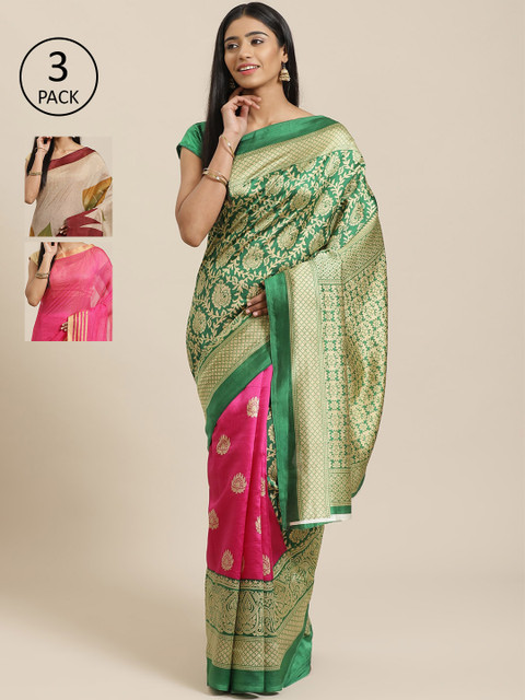 

KALANI Pack of 3 Printed sarees, Green