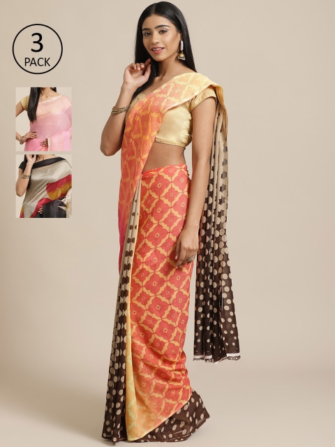 

KALANI Pack of 3 Printed sarees, Peach
