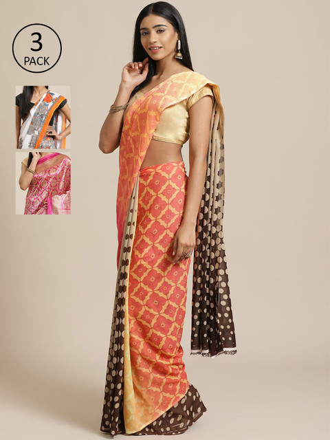 

KALANI Pack of 3 Printed sarees, Peach