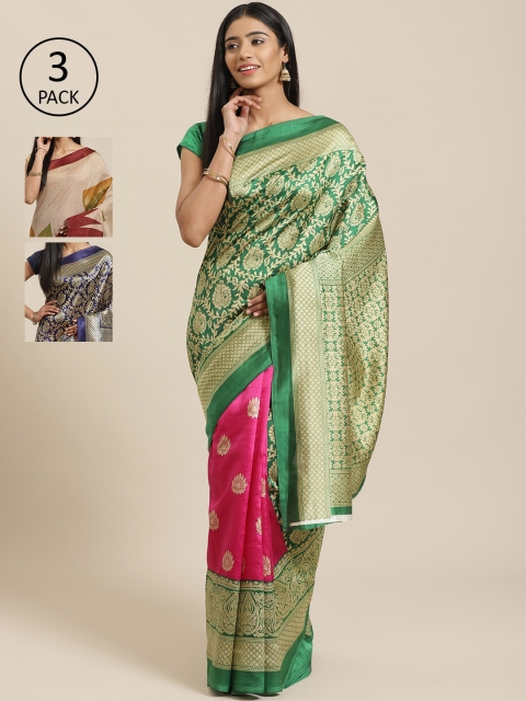 

KALANI Pack of 3 Printed sarees, Green