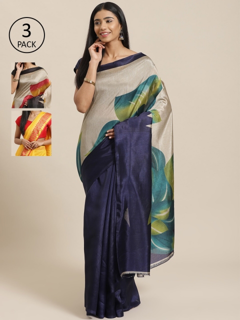 

KALANI Pack of 3 Printed sarees, Navy blue