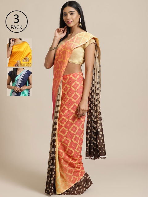 

KALANI Pack of 3 Printed sarees, Peach