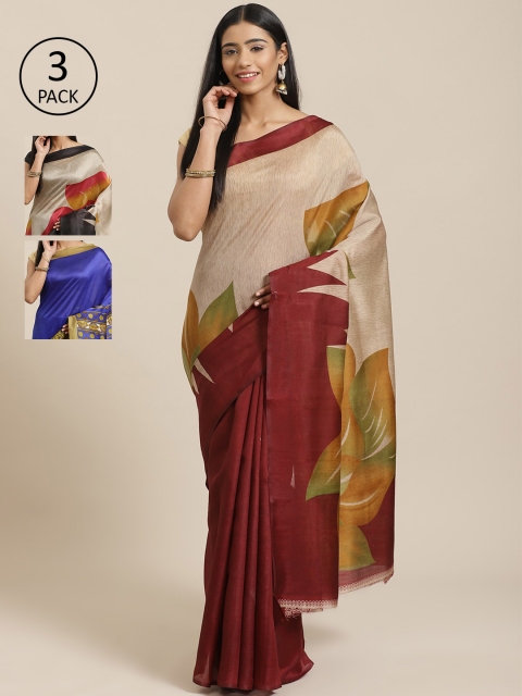 

KALINI Pack of 3 Beige & Maroon Mysore Silk Sarees