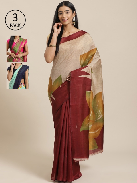 

KALINI Pack of 3 Beige & Maroon Mysore Silk Sarees