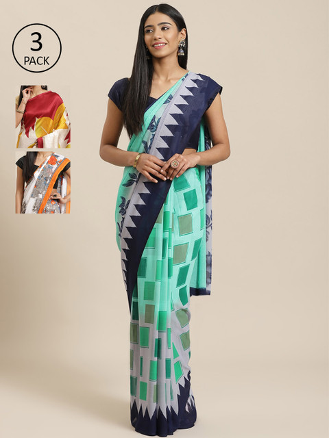 

KALINI Pack of 3 Sea Green & Navy Blue Pure Georgette Sarees
