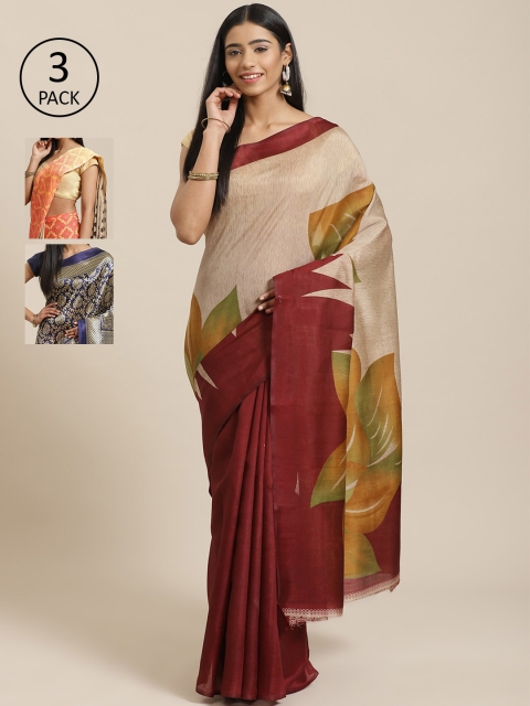 

KALINI Pack of 3 Beige & Maroon Mysore Silk Sarees