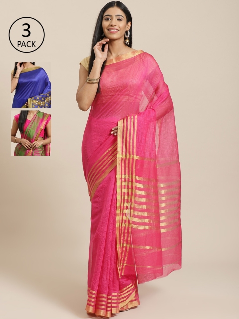 

KALINI Pack of 3 Pink & Blue Silk Cotton Sarees