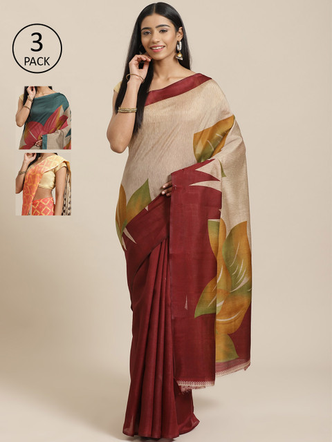 

KALINI Pack of 3 Beige & Maroon Mysore Silk Sarees