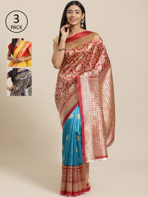 

KALINI Pack of 3 Red & Blue Mysore Silk Sarees