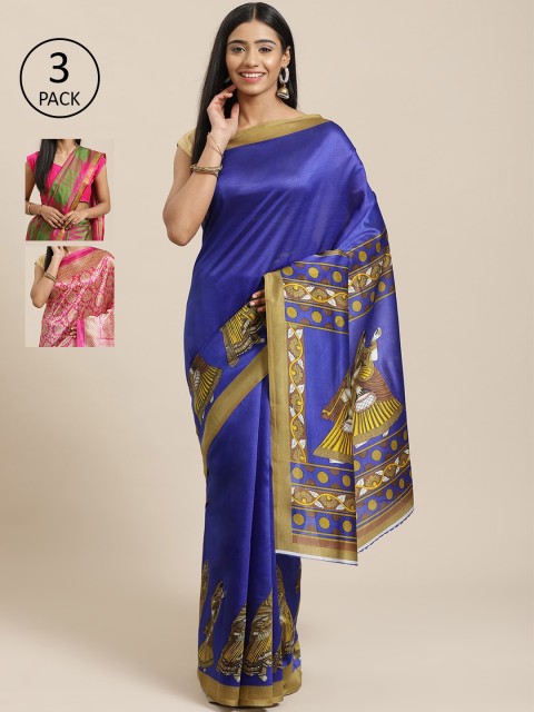 

KALINI Pack of 3 Blue & Olive Green Mysore Silk Sarees