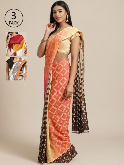 

KALINI Pack of 3 Peach-Coloured & Brown Poly Georgette Sarees