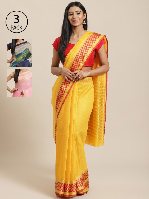 

KALINI Pack of 3 Yellow & Pink Cotton Silk Sarees