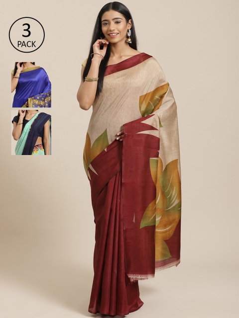 

KALINI Pack of 3 Beige & Maroon Mysore Silk Sarees