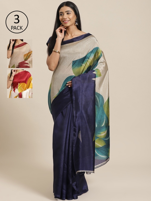 

KALINI Pack of 3 Navy Blue & Grey Mysore Silk Sarees