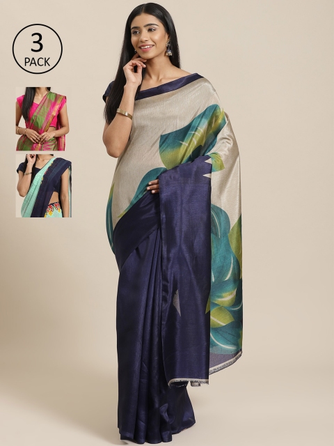 

KALINI Pack of 3 Navy Blue & Grey Mysore Silk Sarees