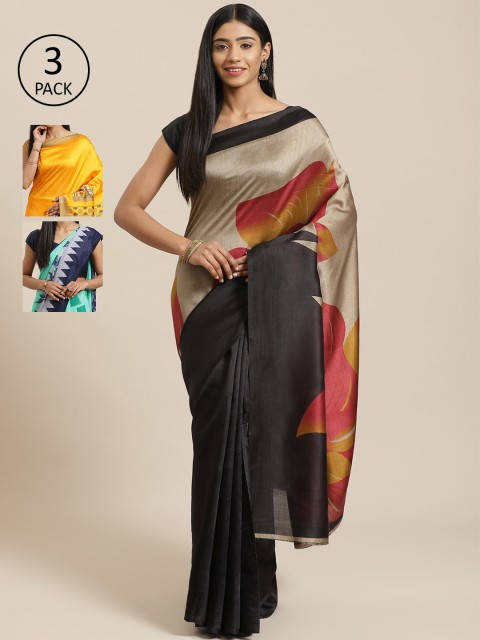 

KALINI Pack of 3 Black & Beige Mysore Silk Sarees