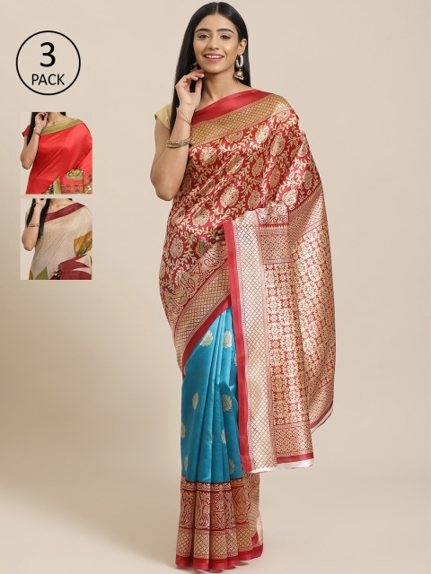 

KALINI Pack of 3 Red & Blue Mysore Silk Sarees