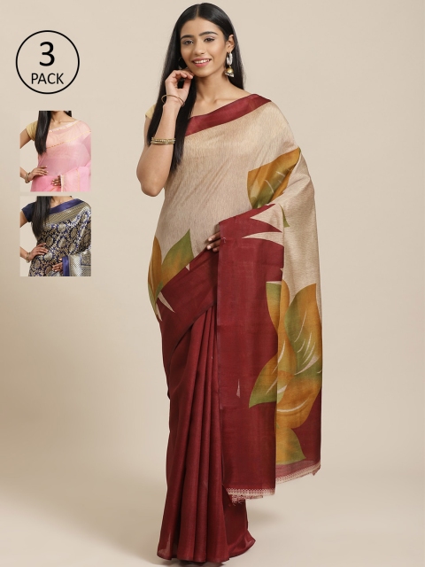 

KALINI Pack of 3 Beige & Maroon Mysore Silk Sarees