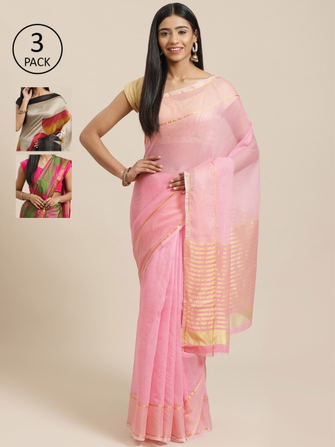 

KALINI Pack of 3 Pink & Black Cotton Silk Sarees