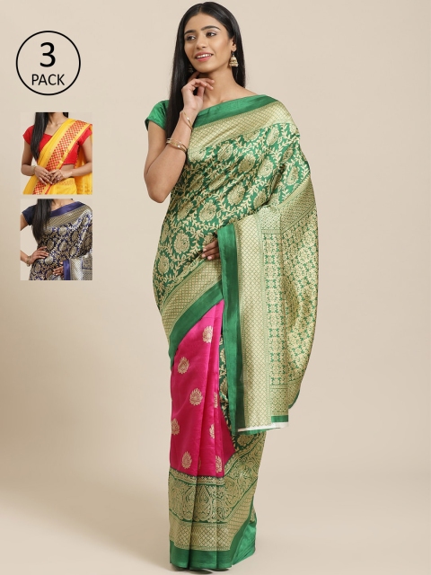 

KALINI Pack of 3 Green & Pink Mysore Silk Sarees
