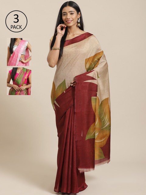 

KALINI Pack of 3 Beige & Maroon Mysore Silk Sarees