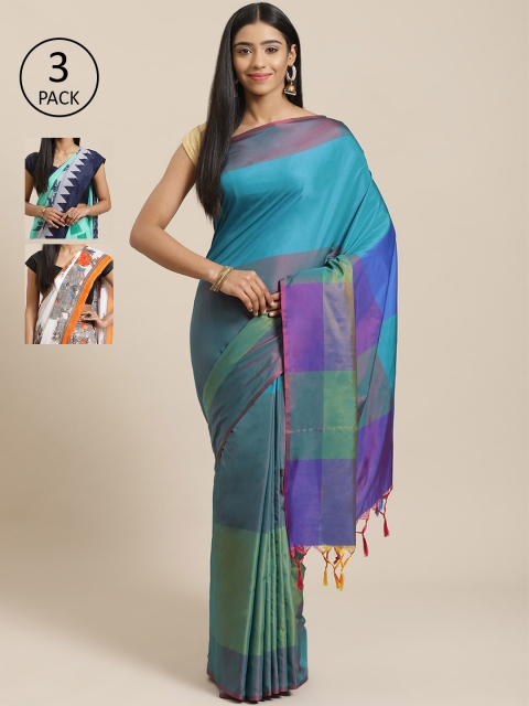 

KALINI Pack of 3 Blue & Green Mysore Silk Sarees
