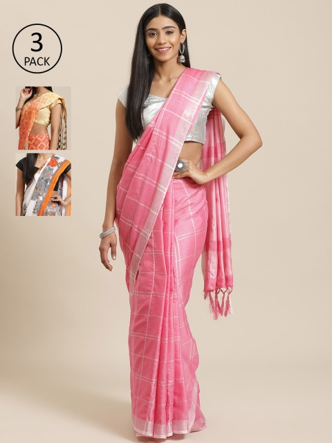 

KALINI Pack of 3 Pink & White Cotton Blend Sarees