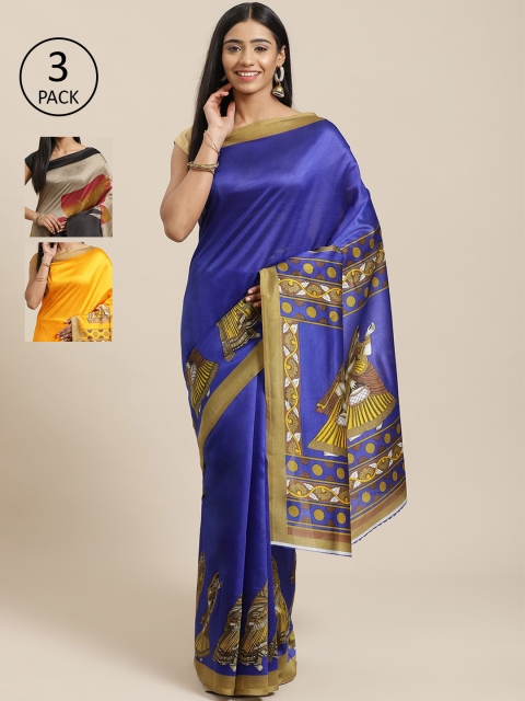 

KALINI Pack of 3 Mysore Silk Sarees, Blue
