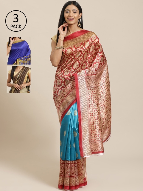 

KALINI Pack of 3 Red & Blue Mysore Silk Sarees