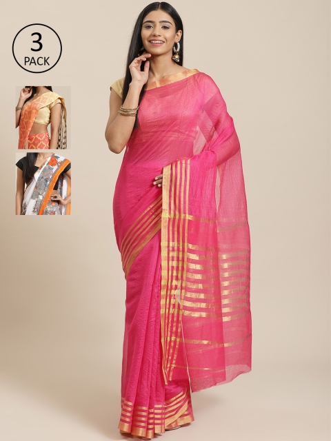 

KALINI Pack of 3 Pink & White Mysore Silk Sarees