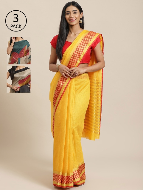 

KALINI Pack of 3 Yellow & Navy Blue Mysore Silk Sarees