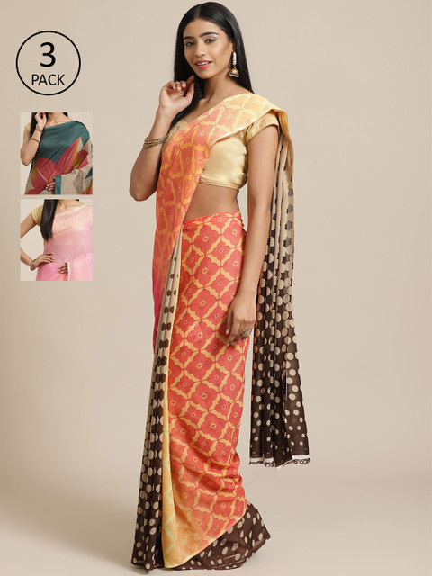 

KALINI Pack of 3 Peach-Coloured & Brown Poly Georgette Sarees