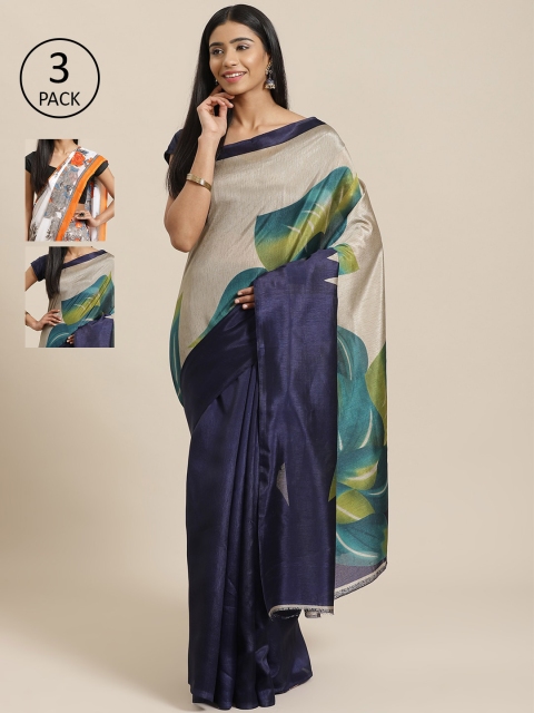

KALINI Pack of 3 Navy Blue & Grey Mysore Silk Sarees