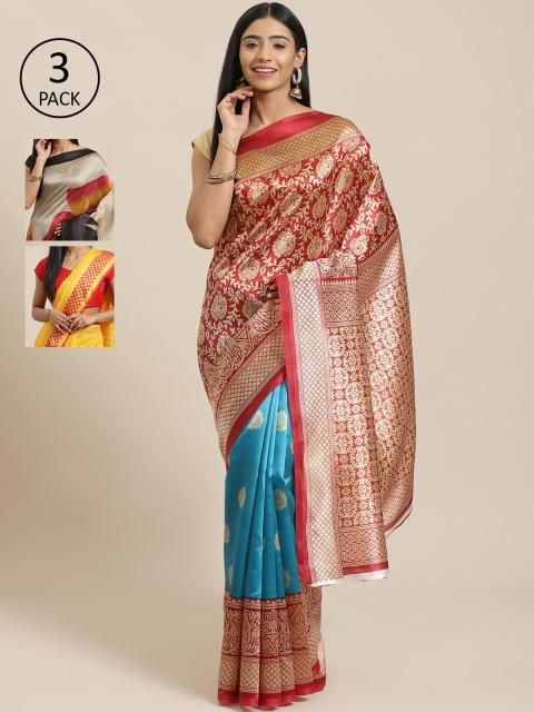 

KALINI Pack of 3 Red & Blue Mysore Silk Sarees