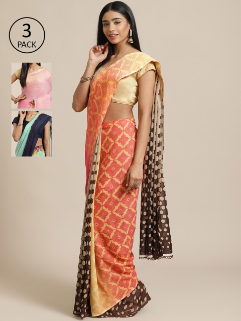 

KALINI Pack of 3 Peach-Coloured & Brown Poly Georgette Sarees