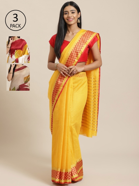 

KALINI Pack of 3 Yellow & Red Cotton Silk Sarees