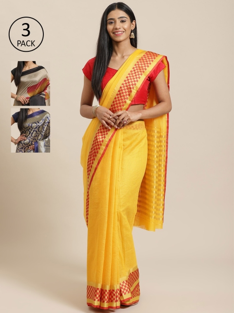 

KALINI Pack of 3 Yellow & Black Cotton Silk Sarees