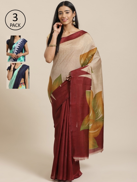 

KALINI Pack of 3 Beige & Maroon Mysore Silk Sarees
