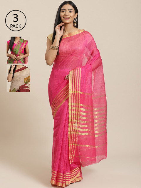 

KALINI Pack of 3 Pink & Red Cotton Silk Sarees