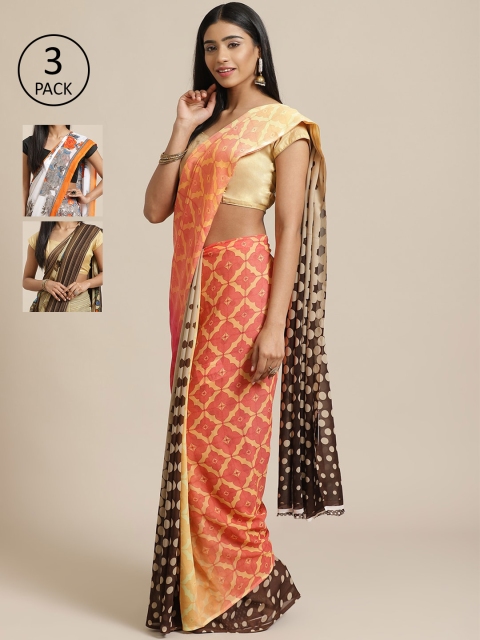 

KALINI Pack of 3 Peach-Coloured & Brown Mysore Silk Sarees