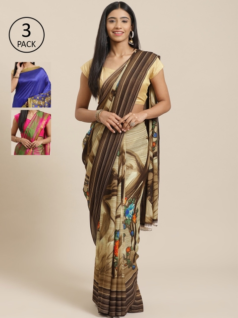 

KALINI Pack of 3 Brown & Blue Poly Georgette Sarees