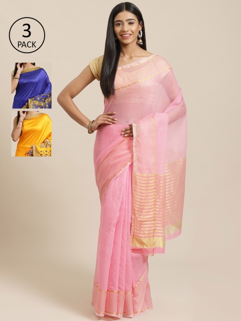

KALINI Pack of 3 Pink & Blue Cotton Silk Sarees