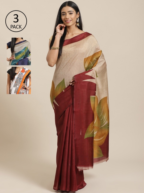 

KALINI Pack of 3 Beige & Maroon Mysore Silk Sarees